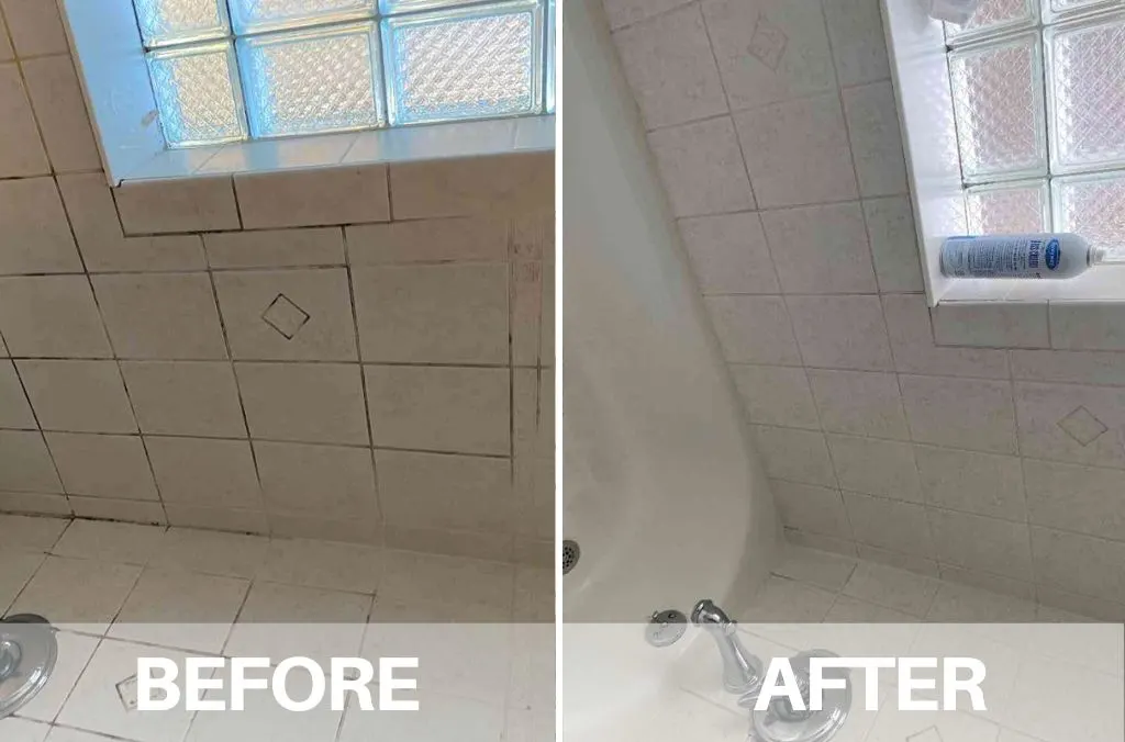 Before and after: bathroom wall tiles with black mould along the grout lines on the left and clean grout on the right