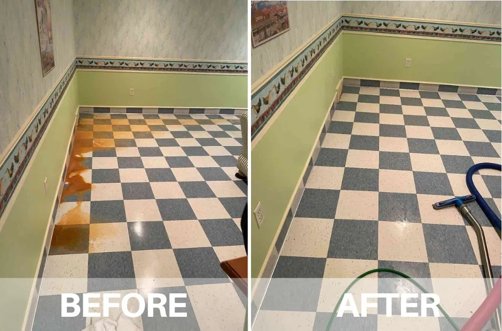 Before and after: blue and white checkerboard floor tiles with a large orange rust stain along the wall on the left and a clean floor on the right