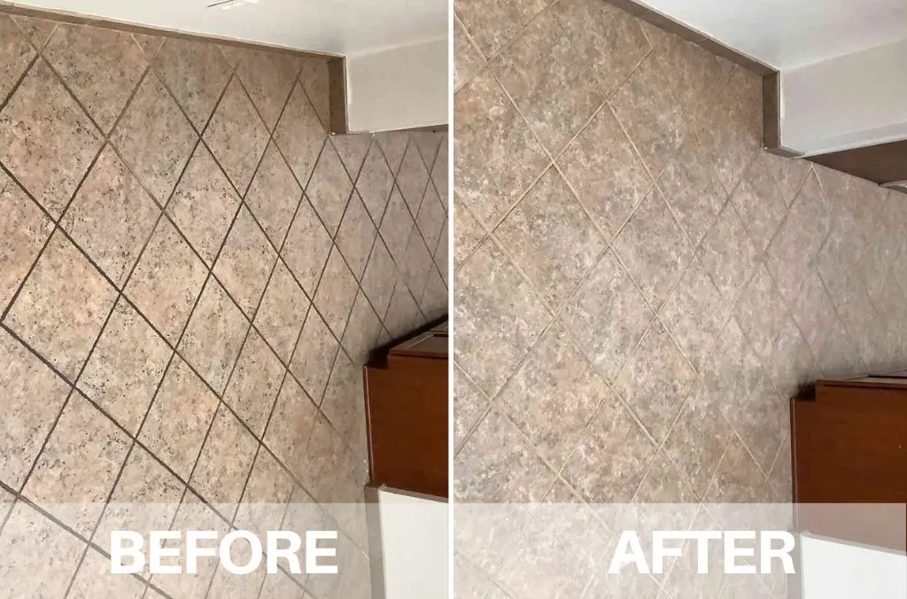 Before and after: diamond-laid floor tiles with near-black grout on the left and light grout on the right