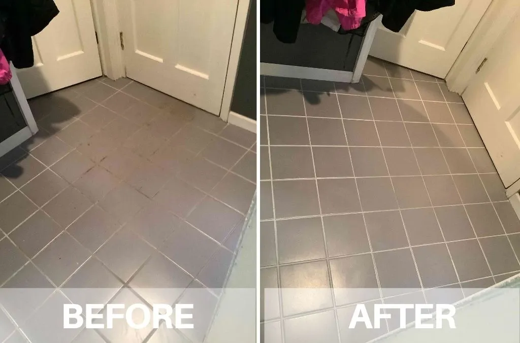 Before and after: grey floor tiles with dirty grey grout on the left and bright, clean grout on the right