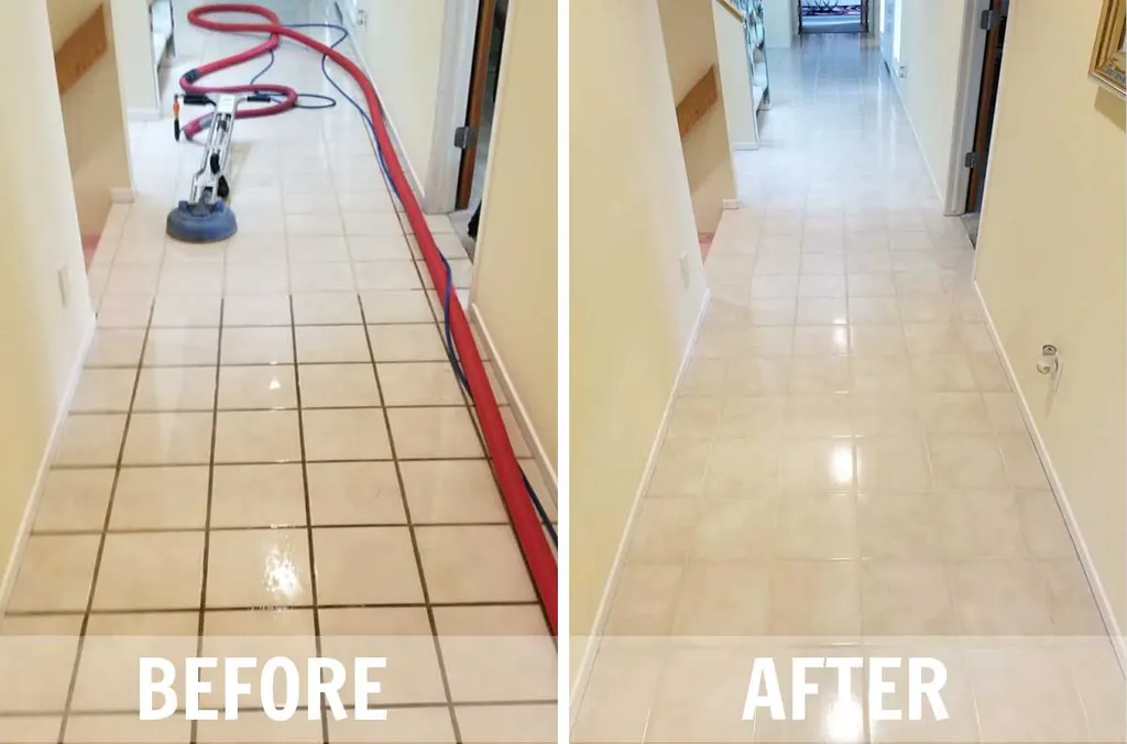 Before and after: hallway floor tiles with dark grout and a rotary cleaning machine on the left, clean light grout on the right