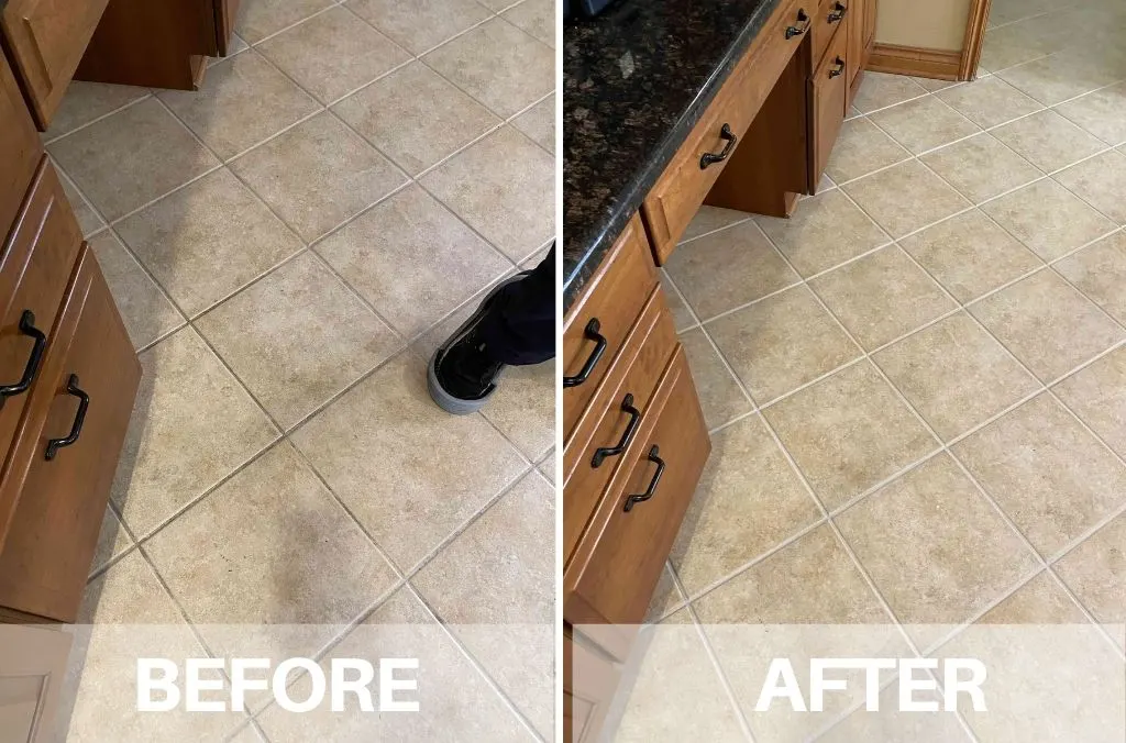 Before and after: beige kitchen floor tiles with dark, patchy grout on the left and clean, even grout on the right