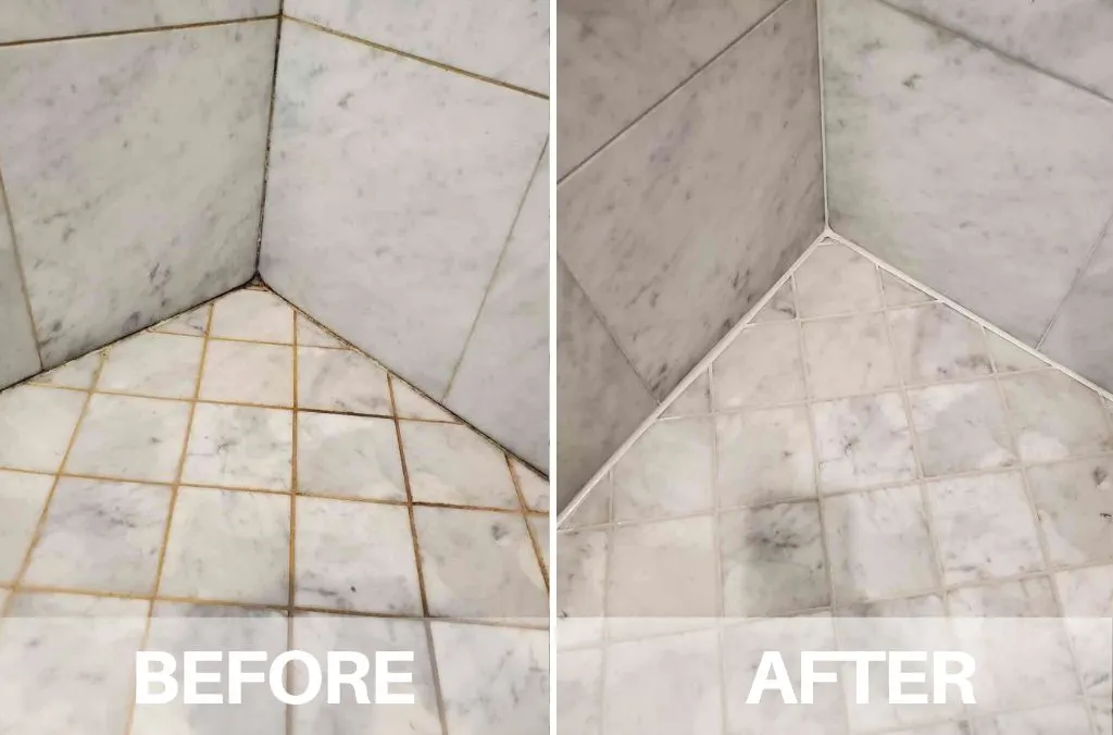 Before and after: marble shower corner with orange-stained mosaic grout on the left and clean grout on the right