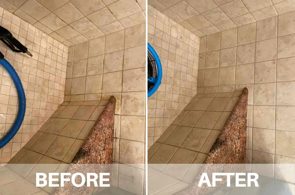 Before and after: tiled shower bench and walls with dark grout on the left and clean grout on the right, with a drying fan in the after photo