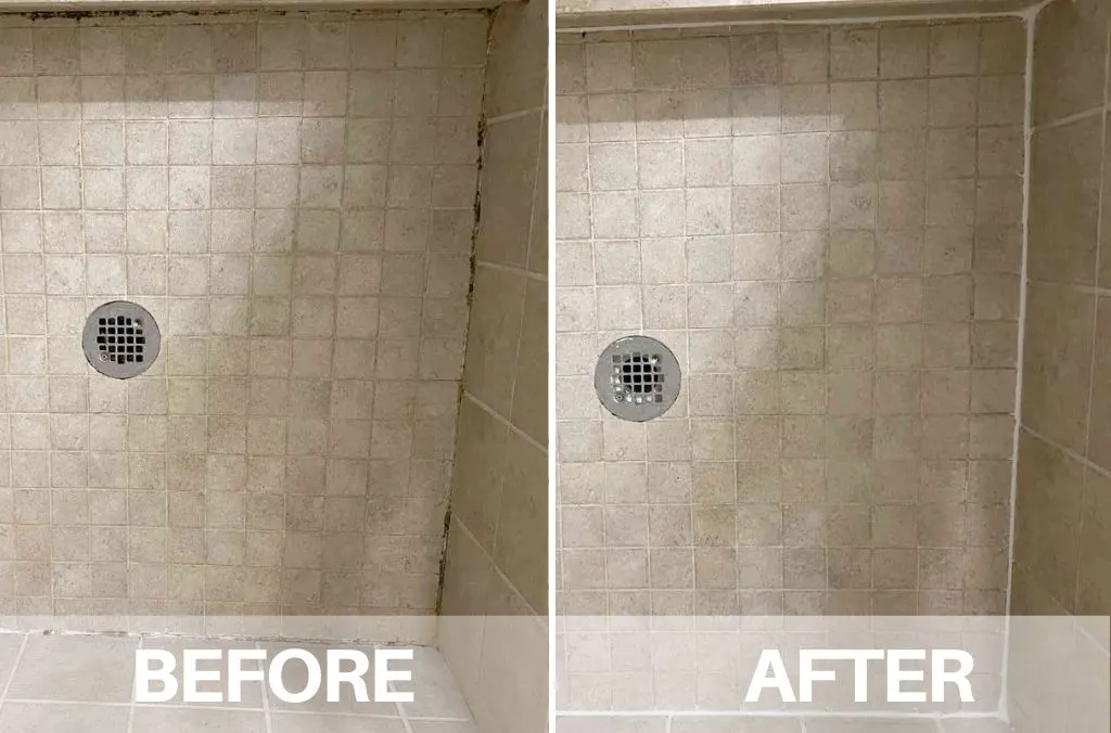 Before and after: beige mosaic shower floor with black mould in the corner on the left and a clean, bright floor on the right