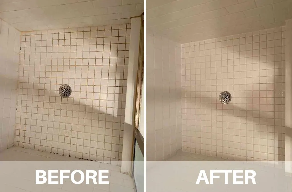 Before and after: white mosaic shower floor, grout brown with mould and soap scum on the left and white on the right