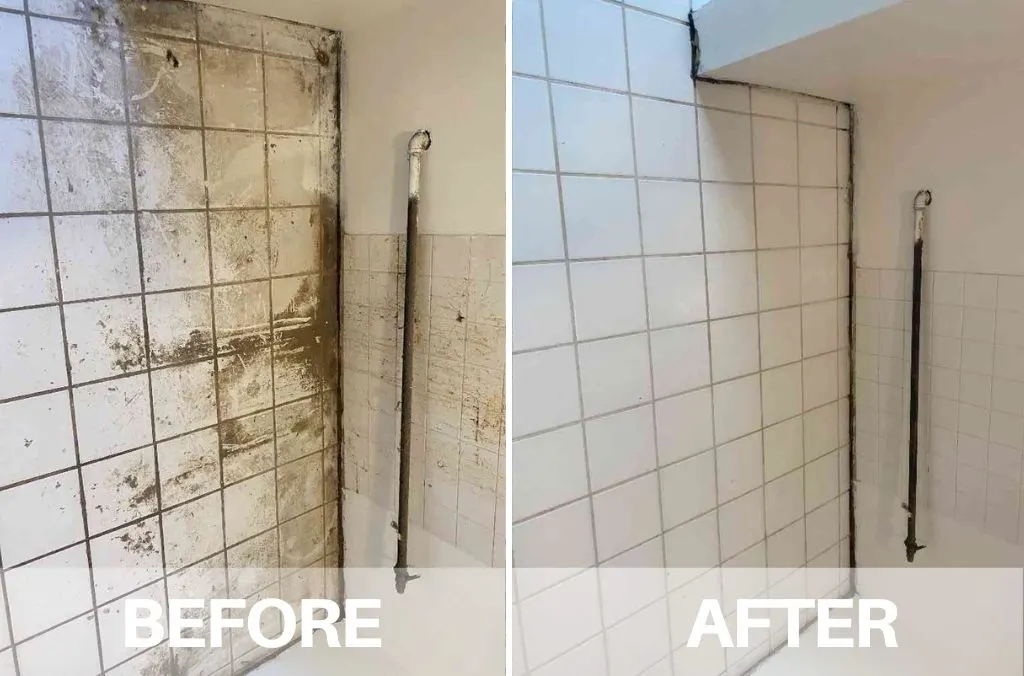 Before and after: white wall tiles covered in heavy brown soiling on the left and clean white tiles on the right
